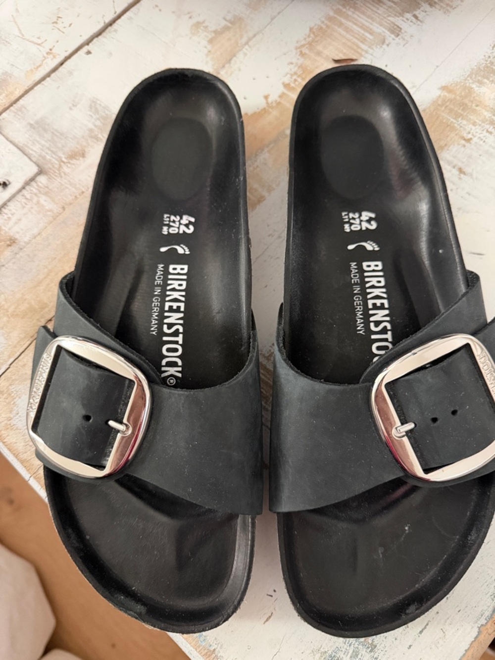 Birkenstock Black Madrid Slip-On Sandals with Silver Buckles